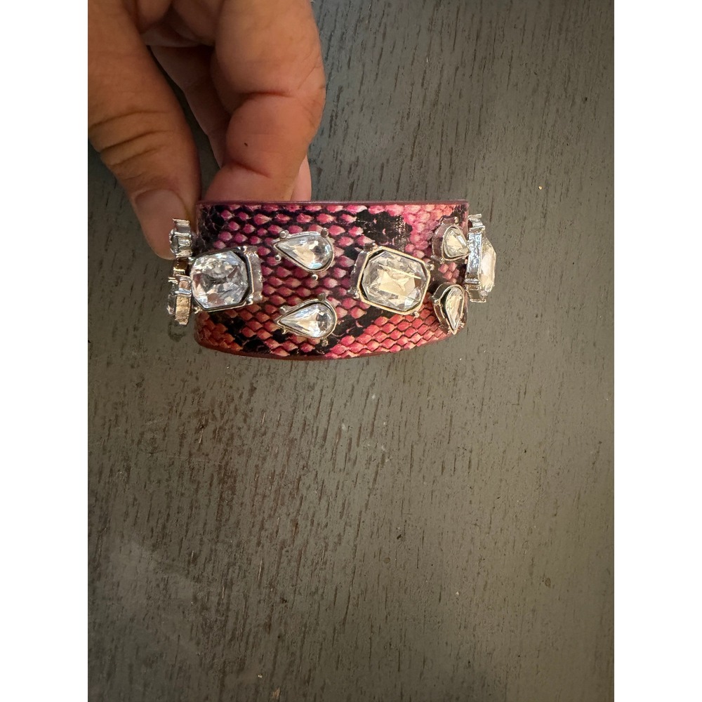 Pink Snakeskin Print Leather Crystal Embellished Cuff Bracelet Statement Snap